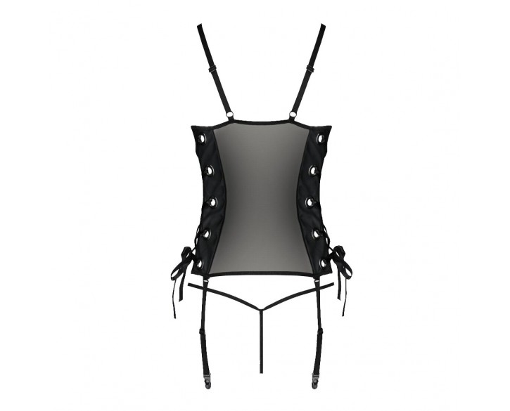 Сітчастий корсет з екошкіри Passion Malwia Corset 4XL/5XL black, з люверсами та знімними пажами