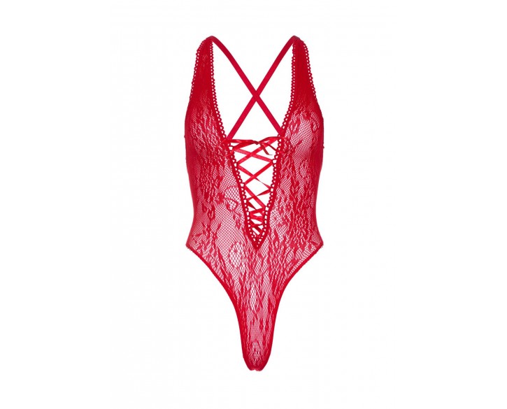 Мереживне боді Leg Avenue Floral lace thong teddy Red, шнурівка на грудях, one size