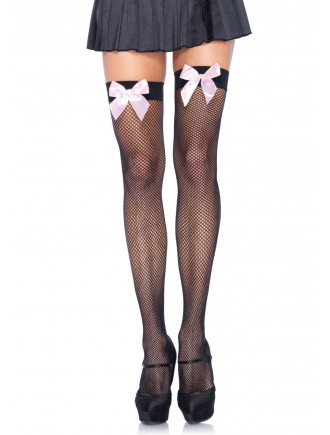 Панчохи-сітка з атласним бантиком Leg Avenue Fishnet Thigh Highs One size Black With Bow Pink