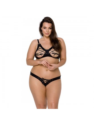 Комплект з екошкіри Passion Celine Bikini 4XL/5XL black, відкритий бра, стрінги зі шнурівкою