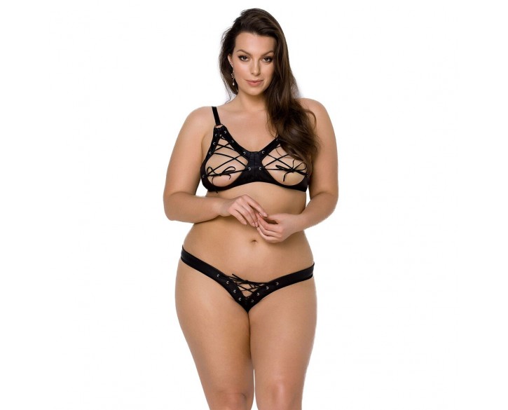 Комплект з екошкіри Passion Celine Bikini 4XL/5XL black, відкритий бра, стрінги зі шнурівкою