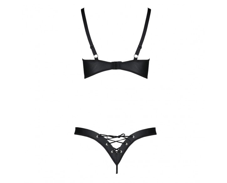 Комплект з екошкіри Passion Celine Bikini 4XL/5XL black, відкритий бра, стрінги зі шнурівкою