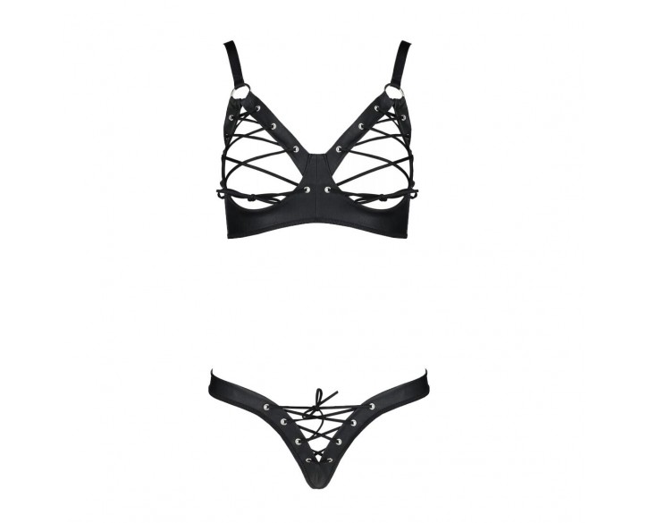 Комплект з екошкіри Passion Celine Bikini 4XL/5XL black, відкритий бра, стрінги зі шнурівкою