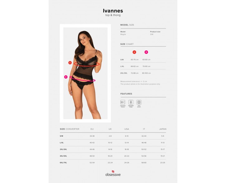 Напівпрозорий набір з прикрасами Obsessive Ivannes top & thong S/M, чорний, топ та танга