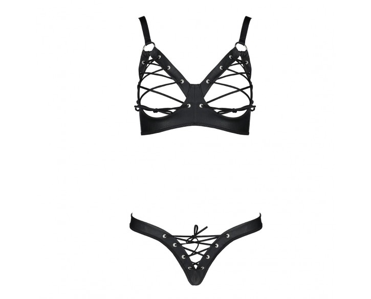 Комплект з екошкіри Celine Bikini black L/XL — Passion: відкритий бра зі стрічками, стрінги зі шнурі