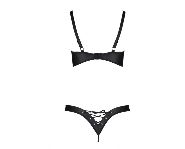 Комплект з екошкіри Celine Bikini black L/XL — Passion: відкритий бра зі стрічками, стрінги зі шнурі