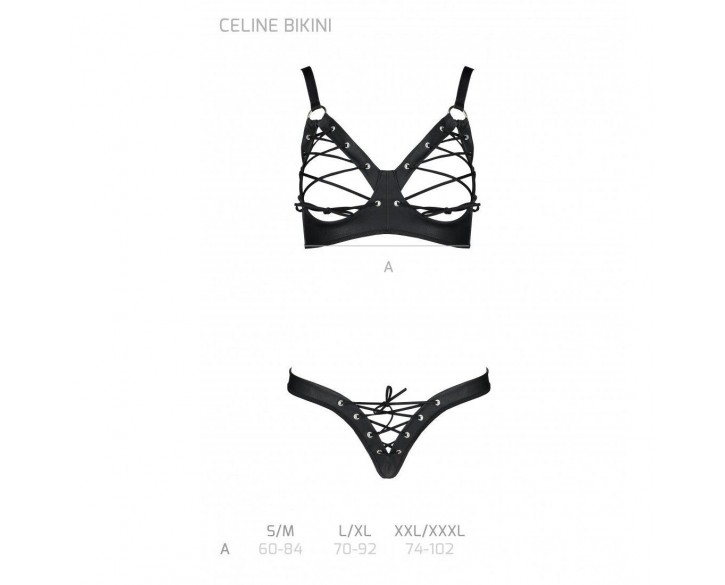 Комплект з екошкіри Celine Bikini black L/XL — Passion: відкритий бра зі стрічками, стрінги зі шнурі