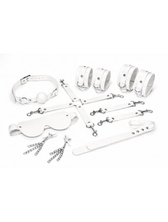 Набір Feral Feelings BDSM Kit 7 White, наручники, поножі, конектор, маска, падл, кляп, затискачі