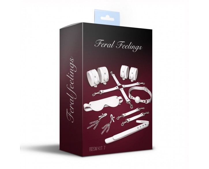 Набір Feral Feelings BDSM Kit 7 White, наручники, поножі, конектор, маска, падл, кляп, затискачі