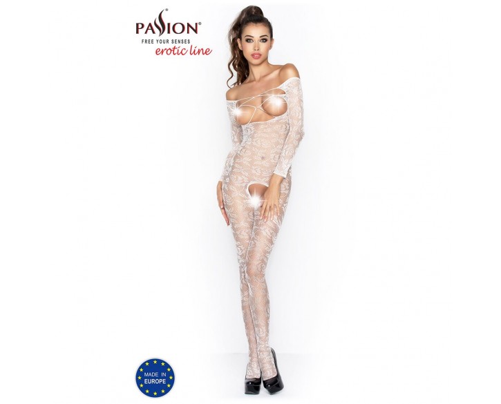 Бодістокінг Passion BS031 white, комбінезон з відкритими грудьми