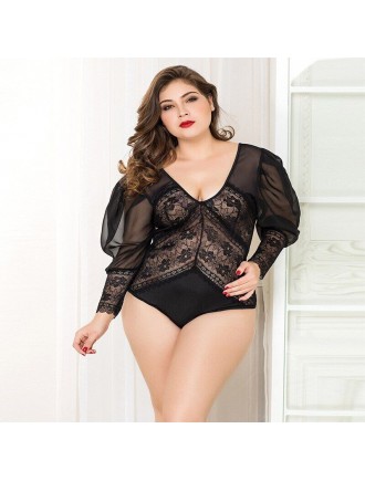 Мереживне боді JSY «Спокуслива Мері» Plus Size, Black, рукави-ліхтарики, дрібна сітка