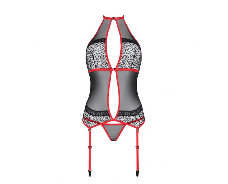 Корсет з пажами PassionSATARA CORSET L/XL red, стрінги, мереживо, застібки спереду та ззаду