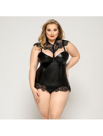 Латексний комплект білизни JSY «Пристрасна Ірис» Plus Size, Black, корсет, стрінги, мереживо