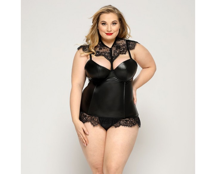 Латексний комплект білизни JSY «Пристрасна Ірис» Plus Size, Black, корсет, стрінги, мереживо