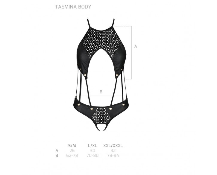 Боді з відкритим доступом Passion TASMINA BODY L/XL black, екошкіра, шнурівки, ажурні мережива