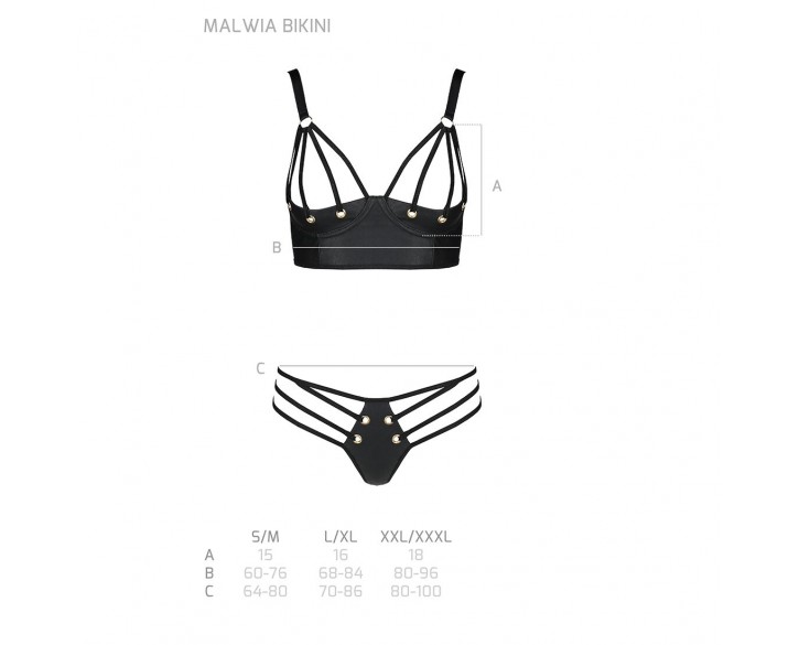 Комплект з екошкіри з люверсами та ремінцями Malwia Bikini black L/XL — Passion, бра та трусики