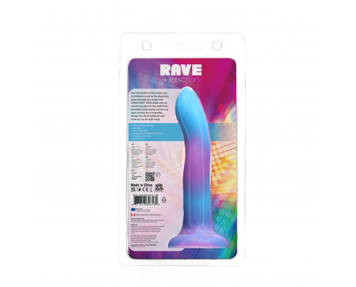 Фалоімітатор, що світиться в темряві, ADDICTION Rave 8″ Glow in the Dark Dildo Blue Purple, 20,3 см