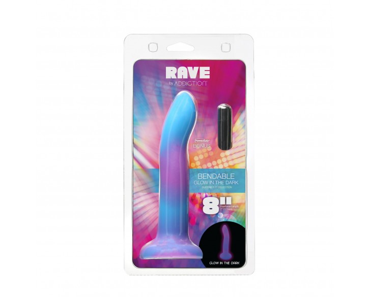 Фалоімітатор, що світиться в темряві, ADDICTION Rave 8″ Glow in the Dark Dildo Blue Purple, 20,3 см