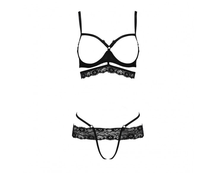 Комплект білизни зі стреп Passion SARIA SET L/XL Black, відкритий доступ, відкрита чашка, мереживо