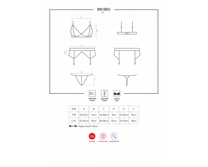 Мереживний комплект білизни Obsessive 810-SEG-1 L/XL Black, бюстгальтер, стрінги, пояс для панчіх