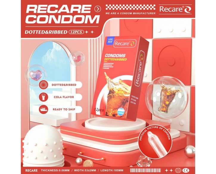 Презервативи Recare Cola Dotted&Ribbed Condoms 12 шт, з пухирцями та ребрами, аромат: Кола