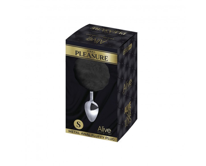 Металева анальна пробка Кролячий хвостик Alive Fluffy Plug S Black, діаметр 2,8 см