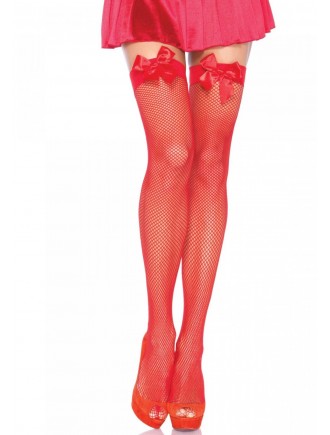 Панчохи-сітка з атласним бантиком Leg Avenue Fishnet Thigh Highs With Bow Red, one size