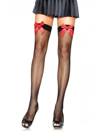 Панчохи-сітка з атласним бантиком Leg Avenue Fishnet Thigh Highs One size Black With Bow Red