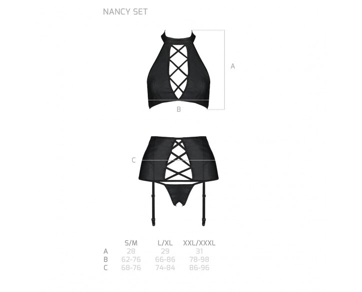 Комплект з еко-шкіри з імітацією шнурівки Nancy Set black L/XL - Passion топ, трусики та пояс для па