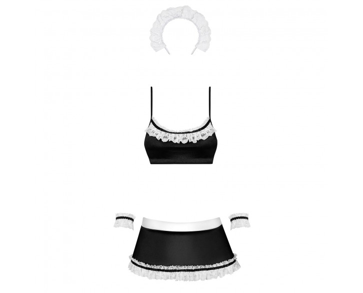 Атласний еротичний костюм покоївки Obsessive Maid set S/M, black, топ, спідниця, стринги, манжети, о