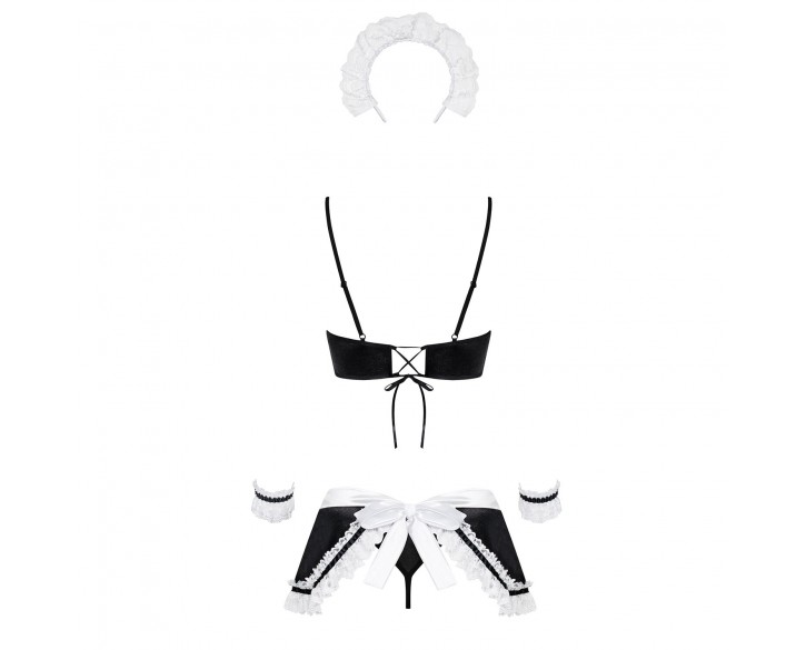 Атласний еротичний костюм покоївки Obsessive Maid set S/M, black, топ, спідниця, стринги, манжети, о