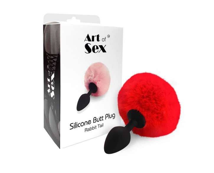 Силіконова анальна пробка М Art of Sex - Silicone Bunny Tails Butt plug Red, діаметр 3,5 см