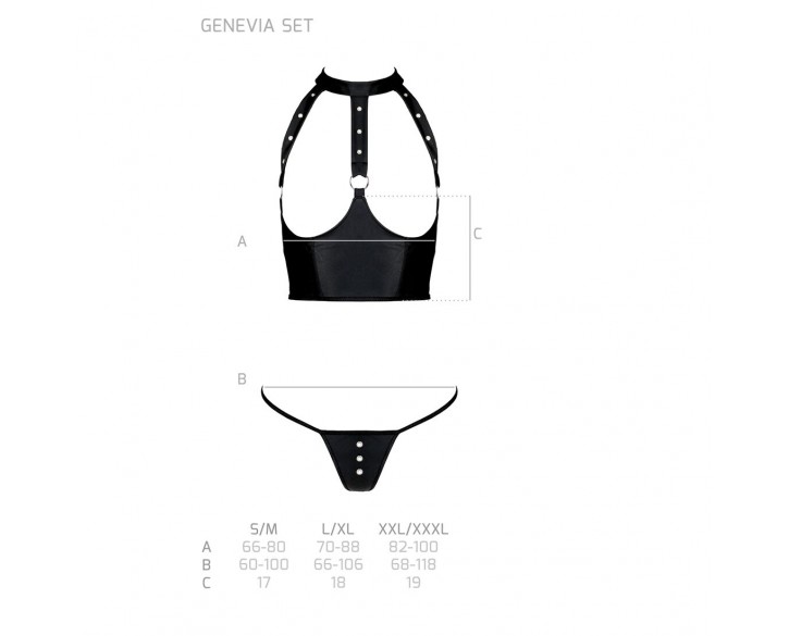 Комплект білизни з відкритими грудьми Passion GENEVIA SET WITH OPEN BRA S/M black, корсет, стрінги