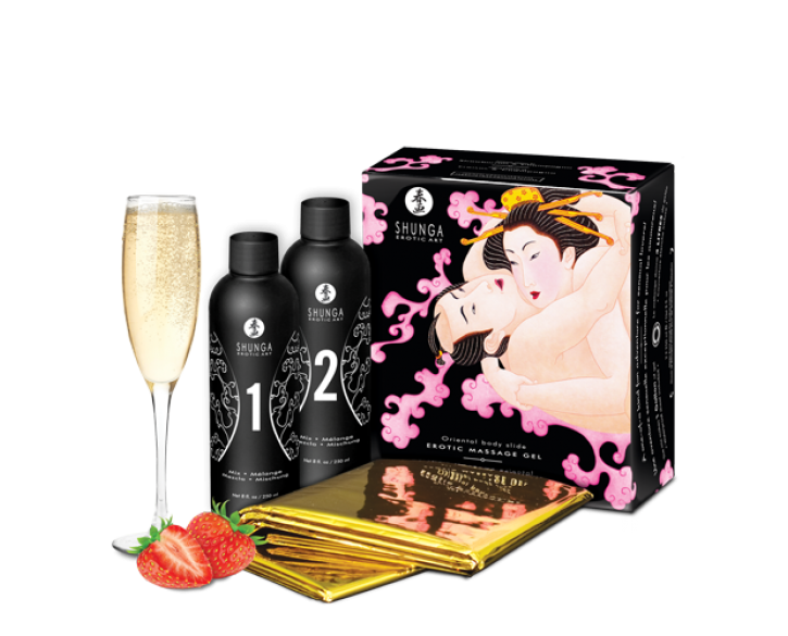 Гель для NURU масажу Shunga Oriental Body-to-Body – Sparkling Strawberry Wine плюс простирадло