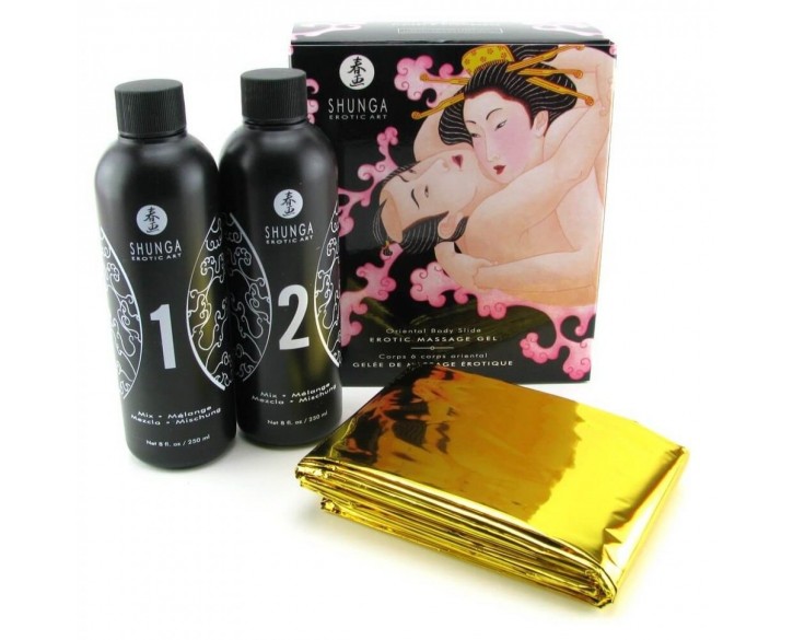 Гель для NURU масажу Shunga Oriental Body-to-Body – Sparkling Strawberry Wine плюс простирадло