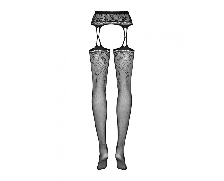 Панчохи-стокінги з рослинним малюнком Obsessive Garter stockings S206 black S/M/L чорні, імітація га