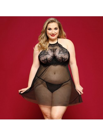 Сорочка бебі-дол JSY «Пристрасна Ліліт» Plus Size, Black, халтер, дрібна сітка, мереживо, стрінги