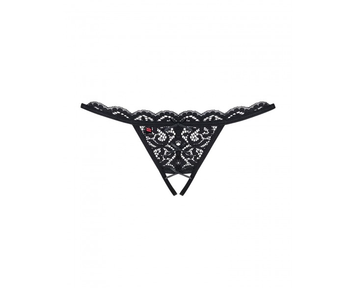 Мереживні танги з двома отворами Obsessive 831-THC-1 crotchless thong S/M, чорні, бантики