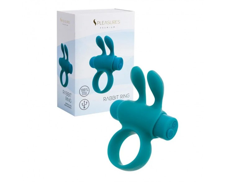 Ерекційне віброкільце S Pleasures Premium Rabbit Ring бірюзове, зі знімною віброкулею та вушками