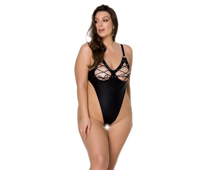 Боді з екошкіри Passion Celine Body 6XL/7XL black, з доступом, відкритий