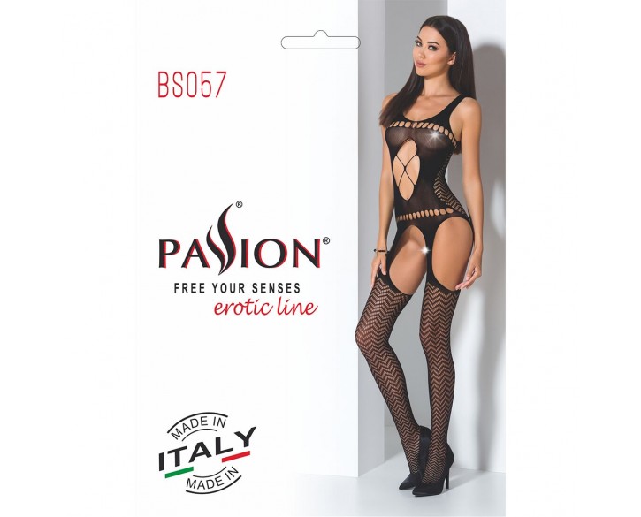 Бодістокінг Passion BS057 black, комбінезон, імітація панчох і пояса