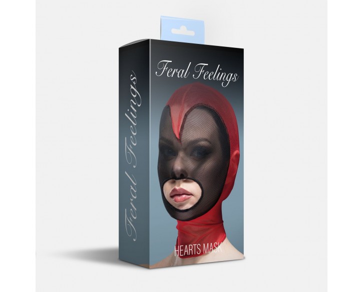 Маска серце сітка з відкритим ротом Feral Feelings - Hearts Mask Red/Black